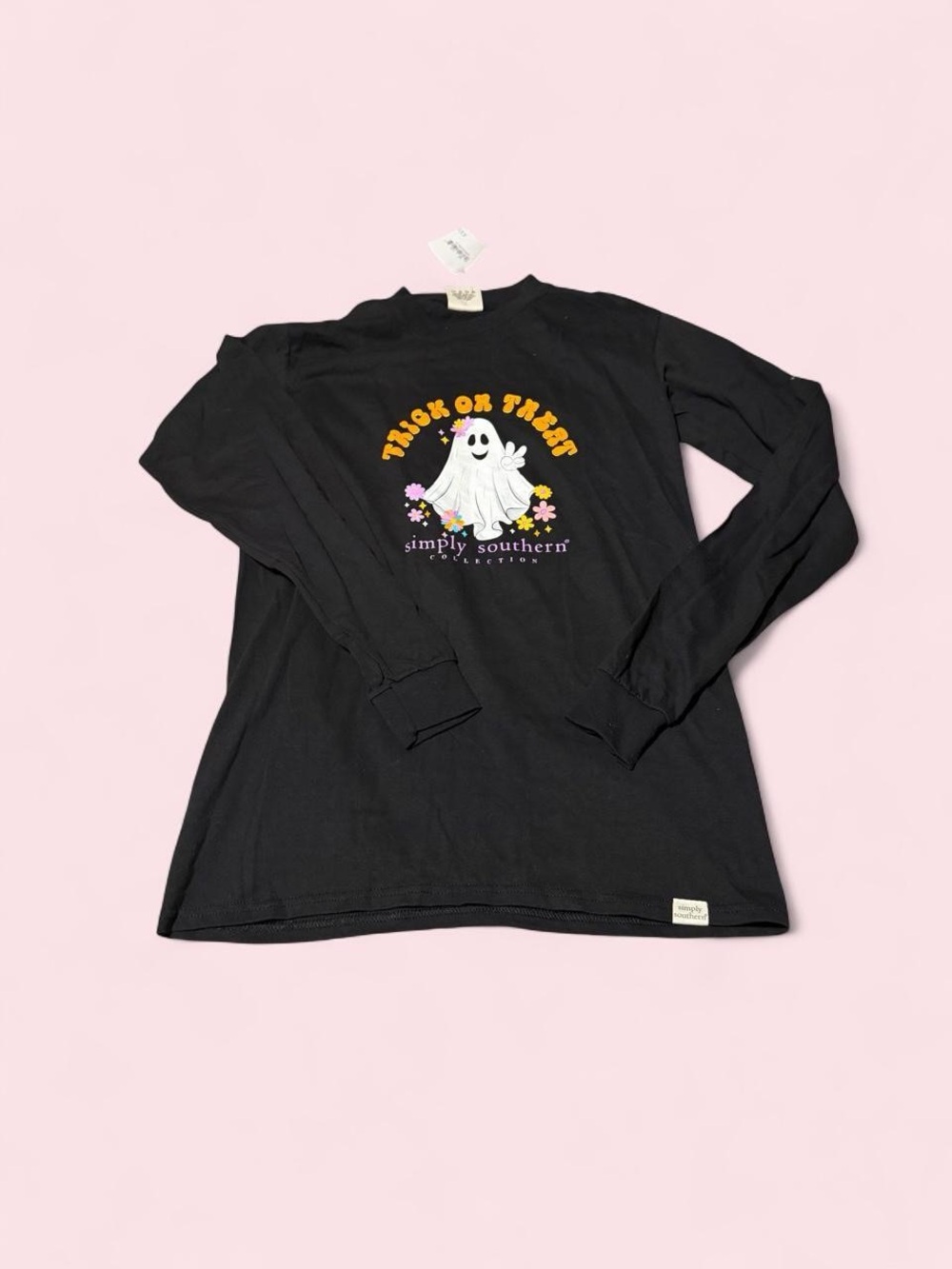 Simply Southern Black Long Sleeve Tee with Ghost 'Trick or Treat' Graphic